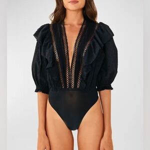 Farm Rio Black Lace Thong Bodysuit, XS